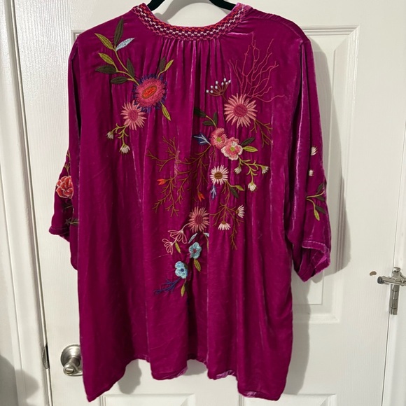 Johnny Was Ulla Boho Embroidered Velvet V-Neck Blouse, Raspberry XL - Picture 4 of 4